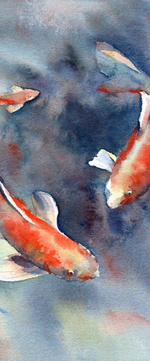 Koi fish, Three fishes in blue-green water by Yulia Evsyukova