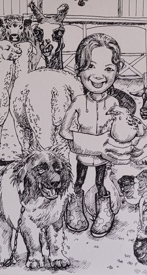 Commission Portraits of My Sister's Farm, Contemporary, Caricature Style, Pen&Ink by QI Debrah