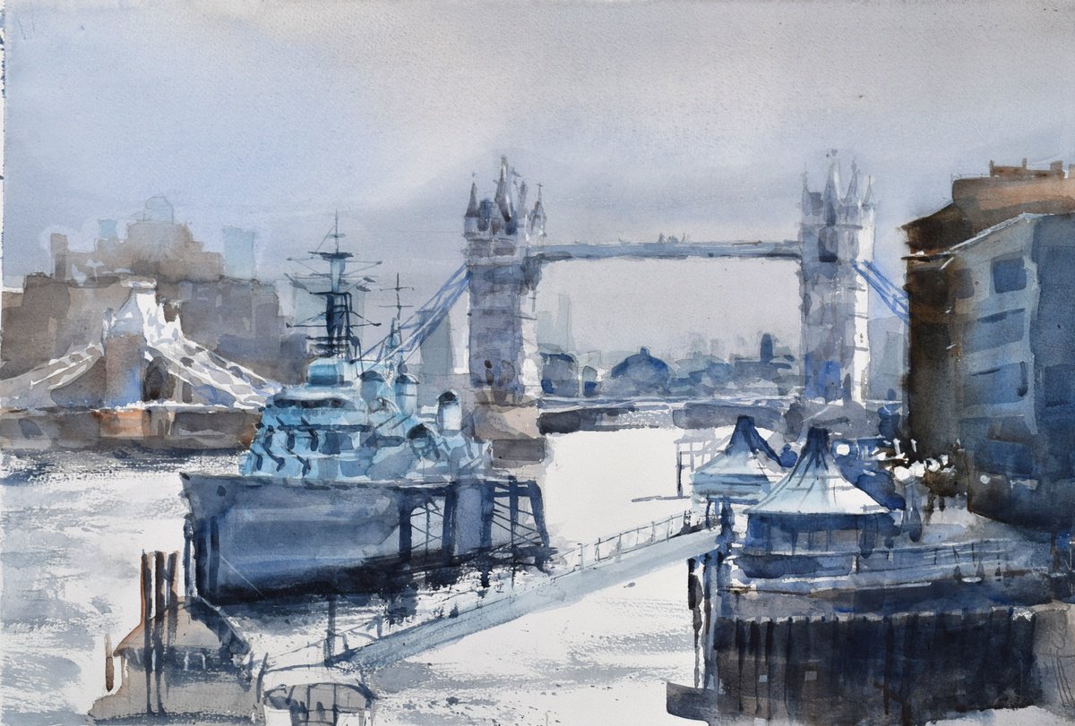 Cityscapes Watercolour By Goran Zigolic Watercolors, 22 X 15, Floating By The Thames 2, Original Artwork