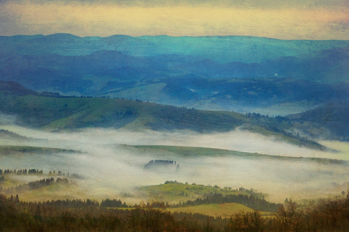Impressionistic Landscape Photograph By Valerix, 24 X 16", Covered With Morning Mist., Original Artwork