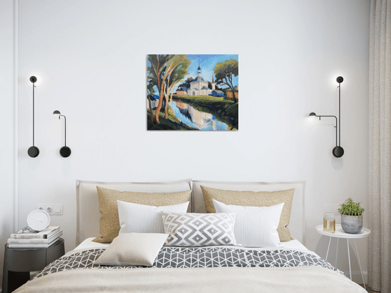 TEMPLE OVER WATER (Church Of The Epiphany) - expressive landscape oil painting with a church reflection in water Easter gift idea home decor