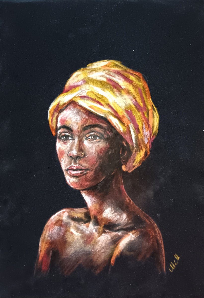 Impressionistic Portrait Pastel Drawing By Mateja Marinko, 14 X 20", African Woman With Scarf, Original Artwork