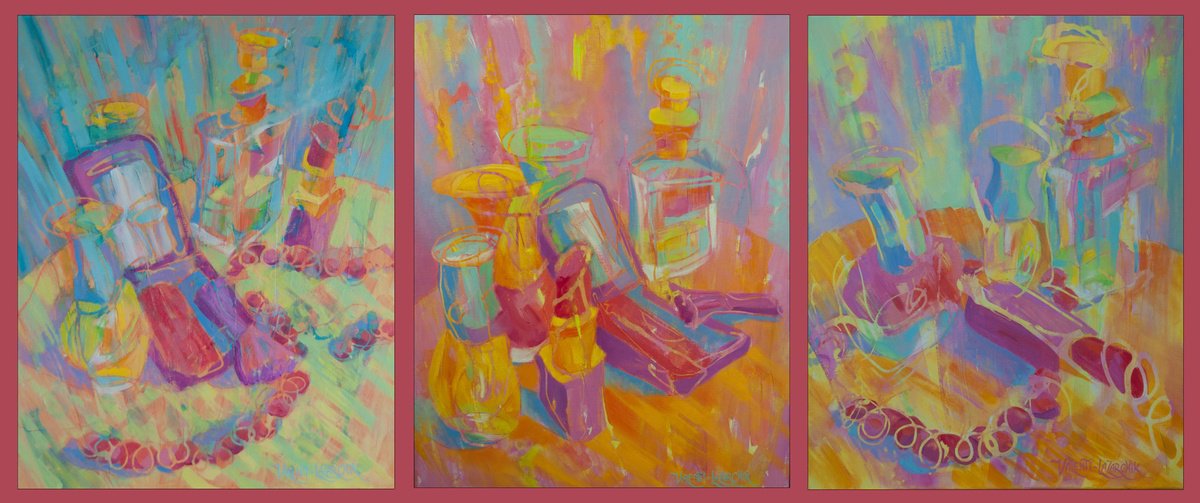 Expressive Still Life Painting By Gina Valenti-Lazarchik, 48 X 20, Be-You-T-Ful #7, Original Artwork