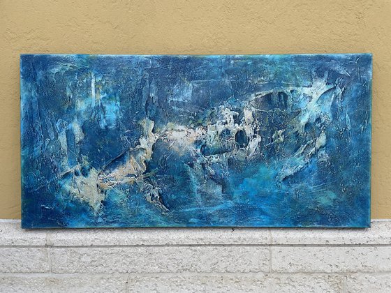 Large Blue Abstract Seascape Textured Painting Blue, Silver, Gold. Modern Art with Heavy Texture. Abstract Landscape Contemporary Artwork for Livingroom or Bedroom