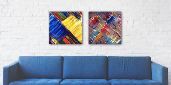 "Are We So Different?" - FREE USA SHIPPING - Save As A Series - Unique PMS Geometric Oil Painting Diptych On Canvas - 40" x 20"