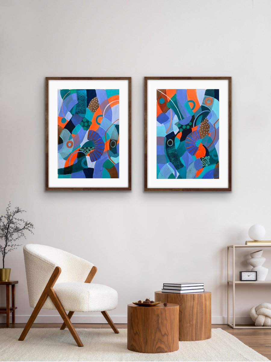 Organic Abstract Acrylic Painting By Rashna Hackett, 20 X 27", Seeking The Sun (Diptych), Original Artwork