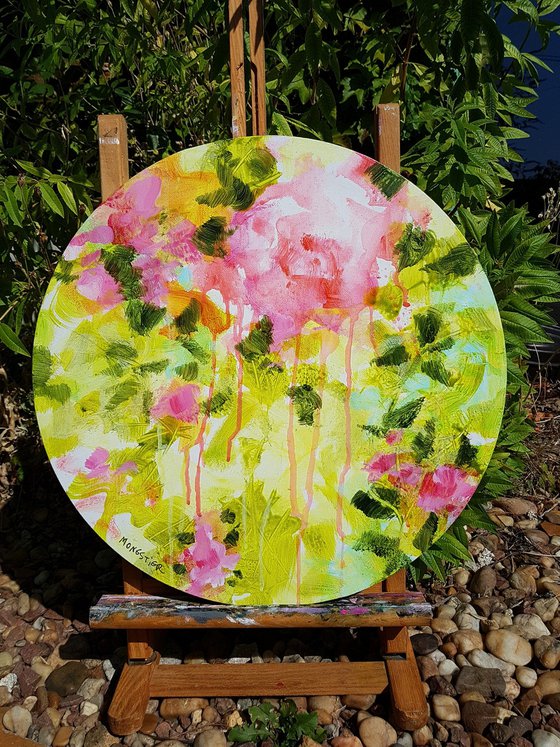 Floral poetry n°1 - acrylic painting on round canvas - home decor flowers pink and green decorative artwork shabby chic style modern contemporary art dripping