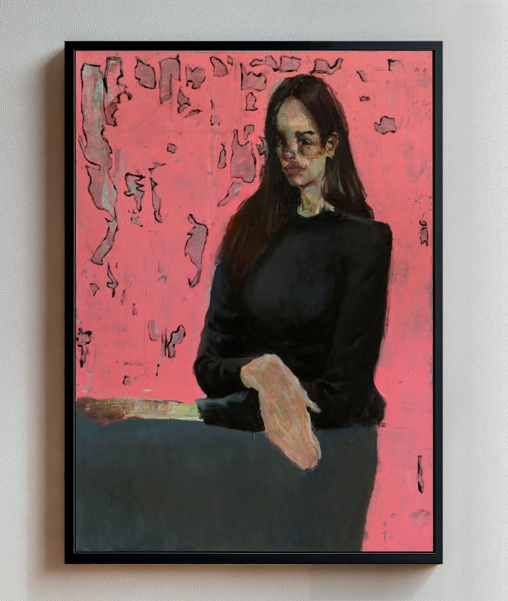 Impressionistic Portrait Oil Painting By Bohdan Katolyk, 20 X 28, Portrait Of A Girl On Pink, Original Artwork
