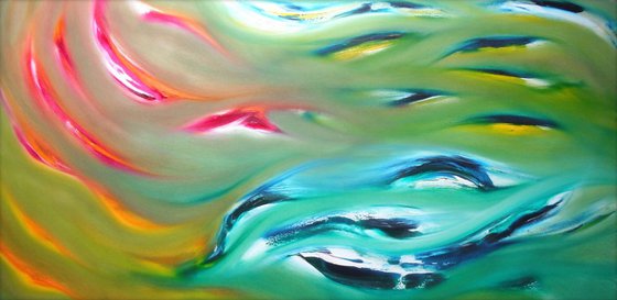 Dolphins - 120x60 cm, Original abstract painting, oil on canvas