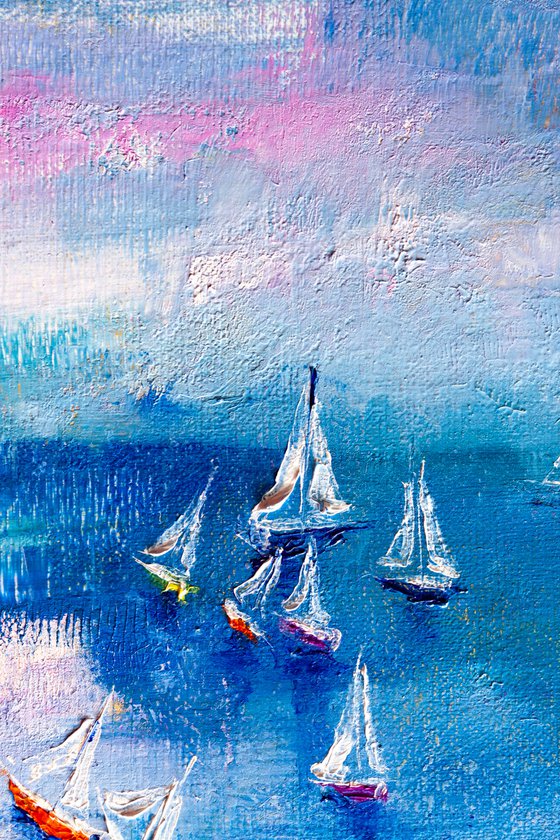 "Yachts at sea" ,  ships , sky