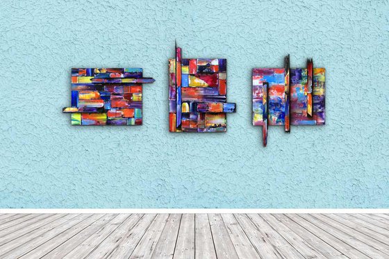 "The Pixel Variations" - FREE USA SHIPPING - Original Triptych PMS Mixed Media Sculptural Paintings On Wood, Framed -  65 x 26 inches