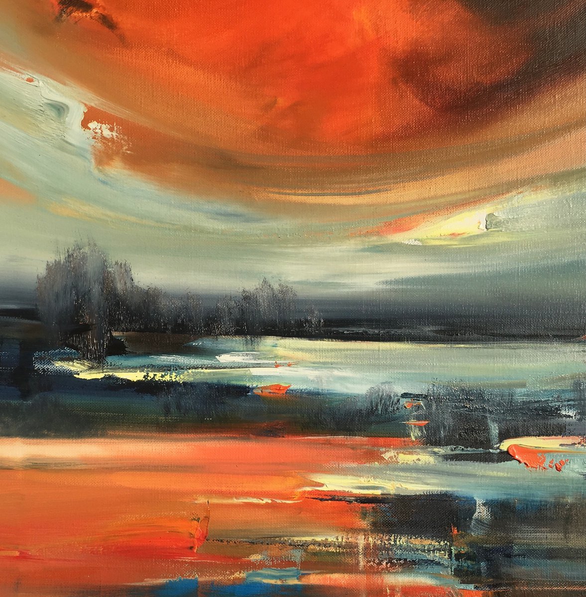 Cold Lake - 60 x 60 cm abstract landscape oil painting in blue and red