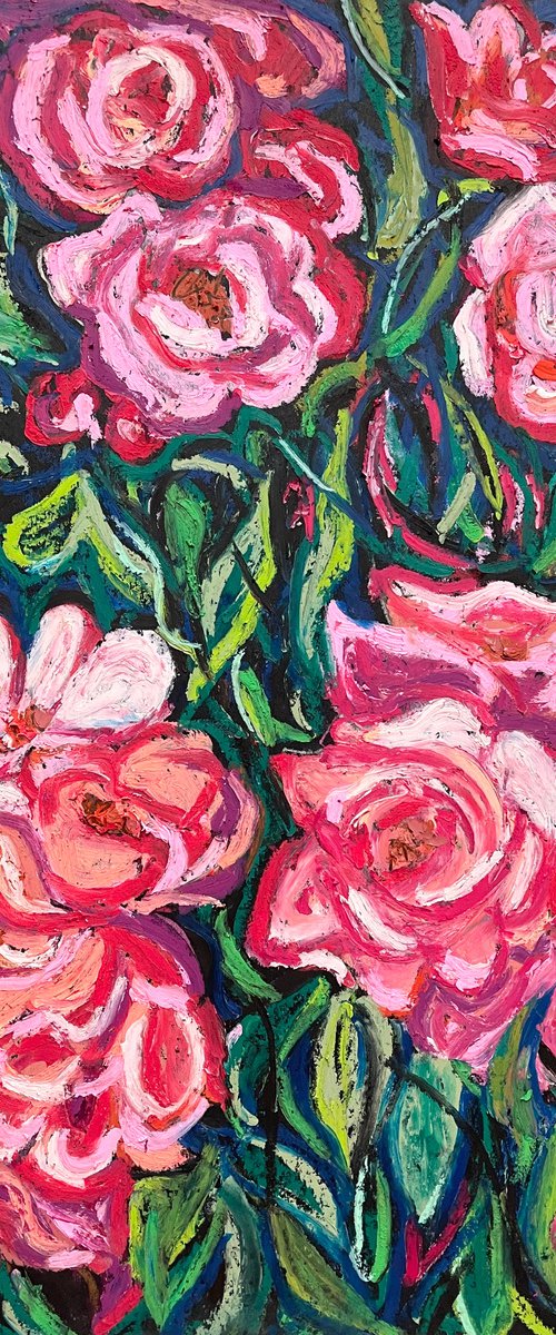 Rose Original Panting, Pink Flowers Oil Pastel Drawing, Gift for Her, Bright Colorful Wall Art by Kate Grishakova
