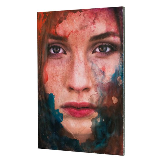 "Desert bloom" (58x40x2 cm) - Unique portrait artwork on wood (abstract, portrait, gold, original, resin, beeswax, painting)