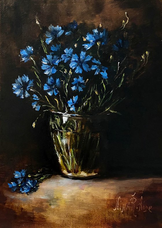 Blue Wildflowers in Glass Original Oil Painting Still Life Bachelor's Button