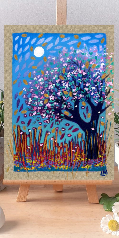 Spring Scene on Linen Panel with Gold by Lisa Mann