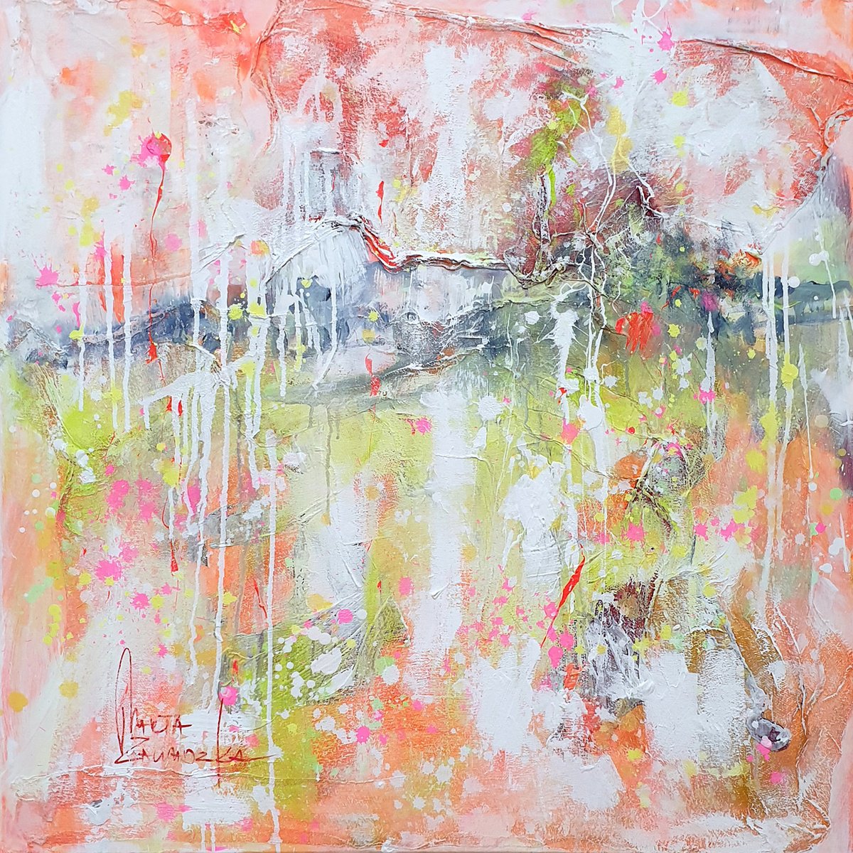 Abstract Landscape Acrylic Painting By Marta Zawadzka, 39 X 39", Mountain Spring, Original Artwork