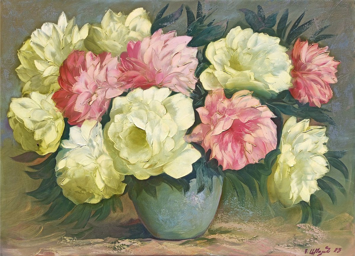 Impressionistic Botanical Oil Painting By Kamo Atoyan, 31 X 24", Peonies In Vase, Original Artwork