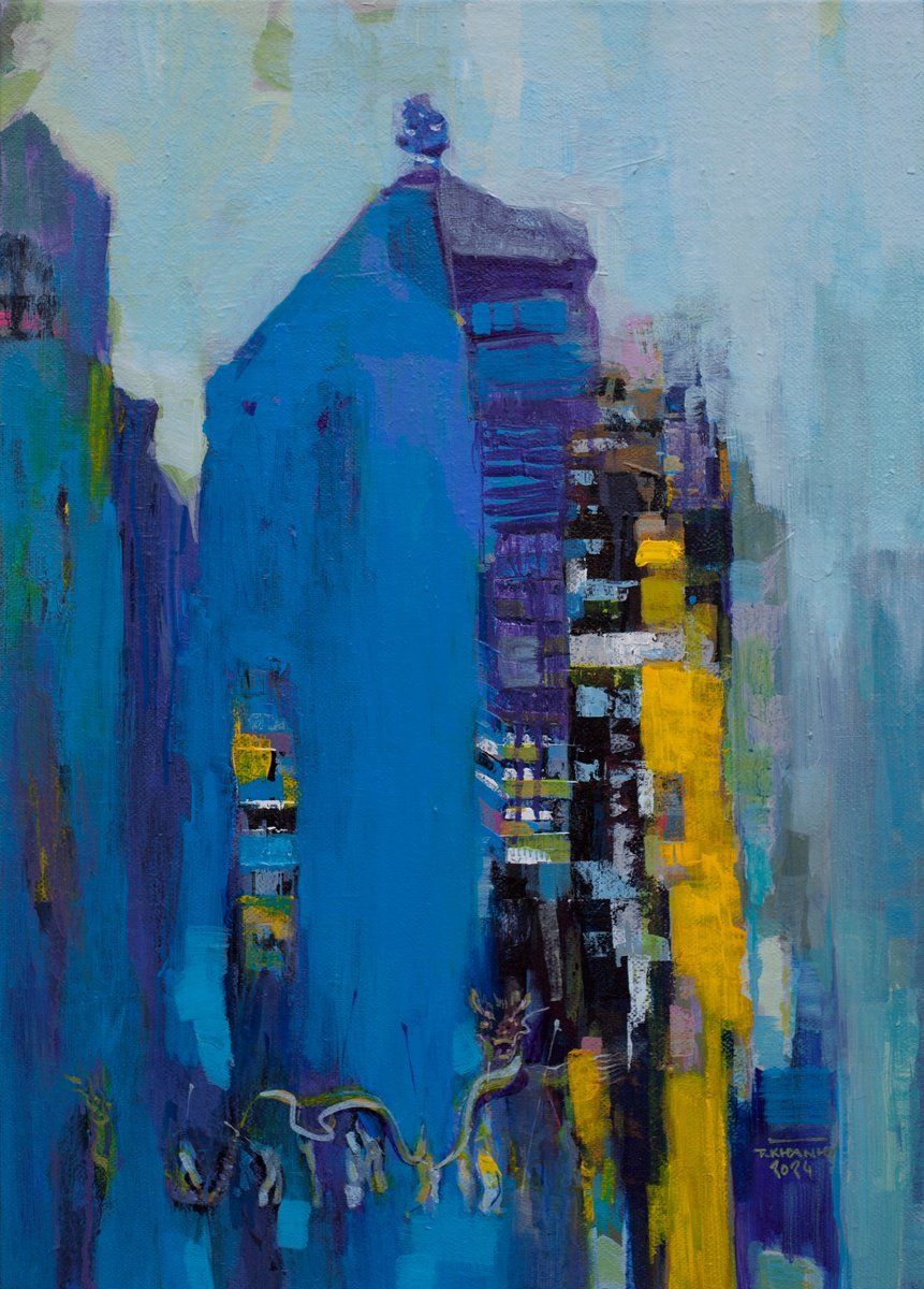 Expressive Cityscapes Acrylic Painting By The Khanh Bui, 20 X 28", Dragon Dance, Original Artwork