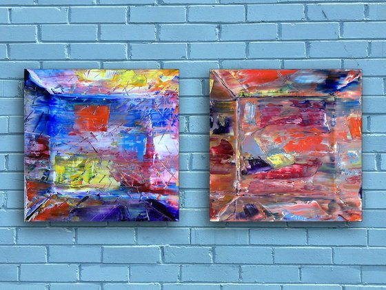 "Beautiful Mess" - Save As Series - Original PMS Abstract Diptych Oil Paintings On Concave Wood - 36" x 18"