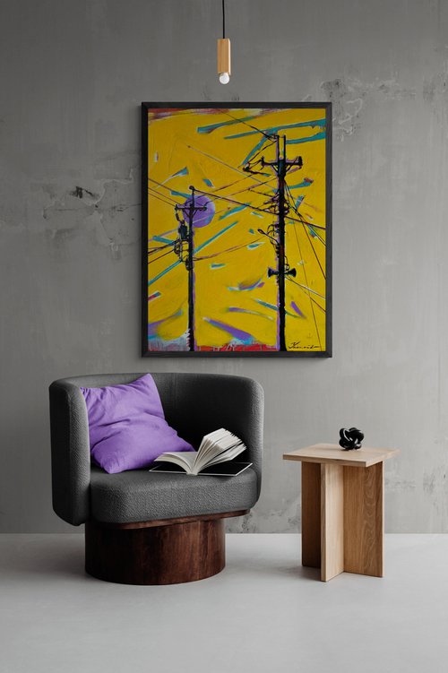 Urban painting - "Purple moon" - Pop art - Bright - Street art - Electric pole - Urban - Sunset by Yaroslav Yasenev
