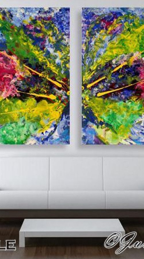 Original Art, Surreal Abstraction, Modern Painting, Hand-painted, Ready to Hang, Rich Texture, Floral Art, Multicolored, Zen, Impasto, Contemporary Abstract Diptych ''Soul Mates'' by Julia Apostolova