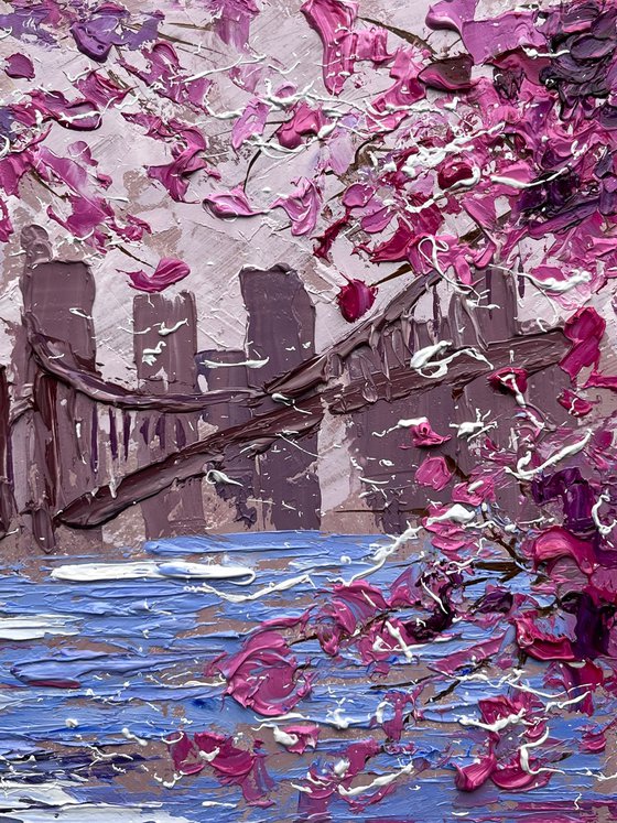 New York Painting Cityscape Original Art NYC Small Oil Impasto Cherry Blossom Tree Artwork Home Wall Art 10 by 8" by Halyna Kirichenko