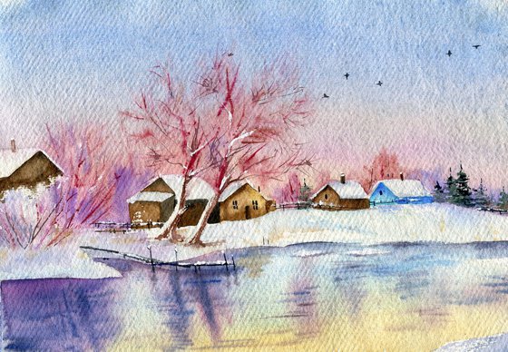 Winter village landscape. Original watercolor artwork.