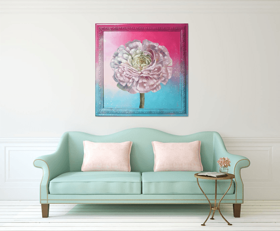 Pink Ranunculus framed big oil painting