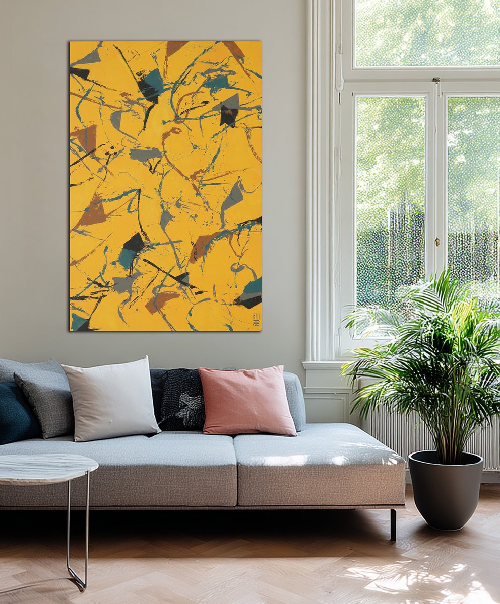 Abstract Acrylic Painting By Ronald Hunter, 47 X 31", Fragmenst In Yellow, Original Artwork