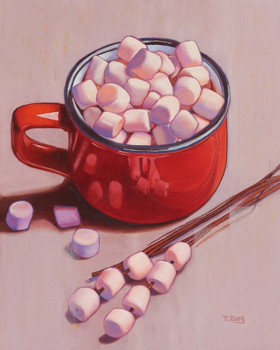 Hot chocolate with marshmallow in red mug