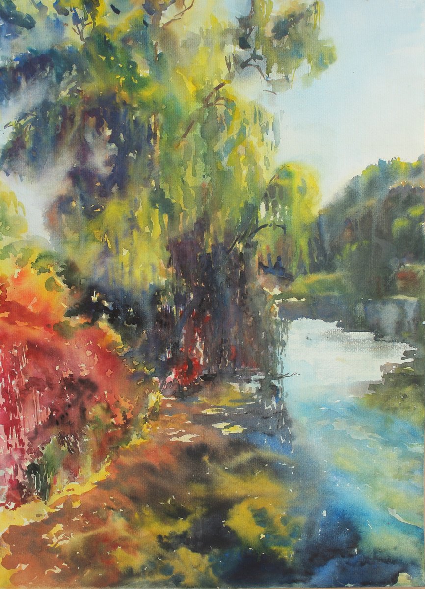 Impressionistic Landscape Watercolour By Yurii Pashkov, 22 X 30", Overgrown Pond, Original Artwork