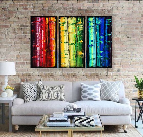 Rainbow A352 Large abstract paintings Palette knife 100x150x2 cm set of 3 original abstract acrylic paintings on stretched canvas