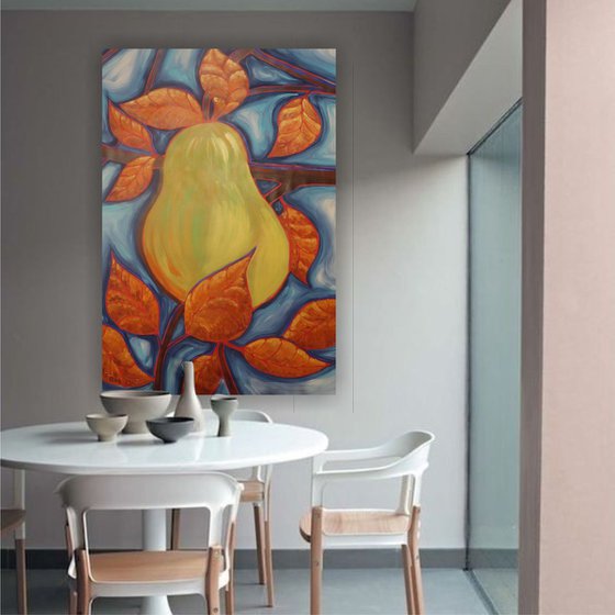 Huge yellow pear on the brunch B053 expressionist acrylic Large painting 110x160 cm unstretched canvas art