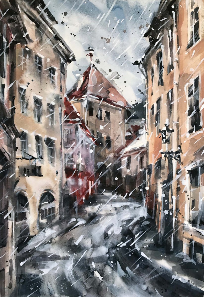 Unfamiliar city. Winter. One of a kind, original painting, handmad work, gift. by Galina Poloz