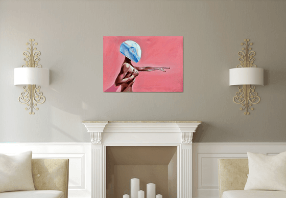 PINK DREAM - canvas print, paper print, wall art, pink background, white helmet, naked body, body, home decor, interior art, office art, poster