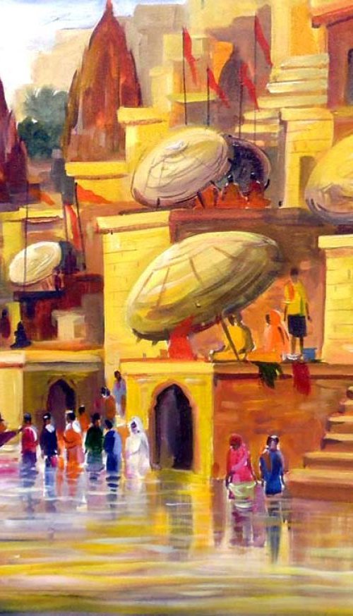 Varanasi Ghat at Morning-Acrylic on Canvas painting by Samiran Sarkar
