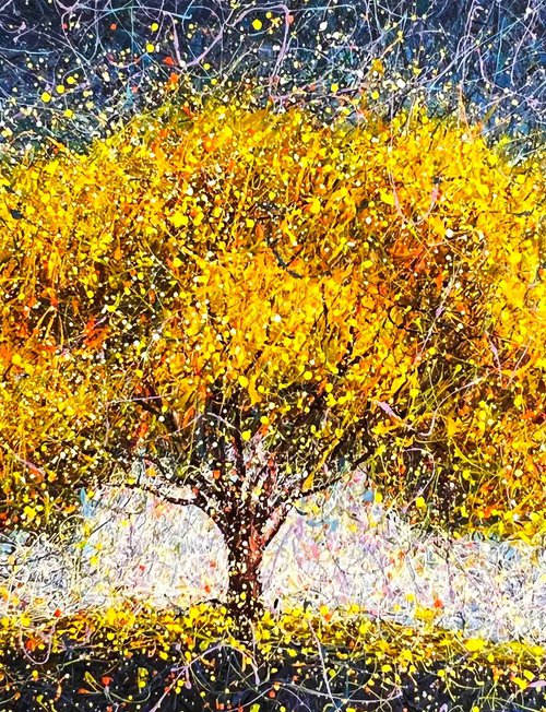 Yellow tree abstraction Modern blue yellow painting Sun Autumn art by Nadiia Antoniuk