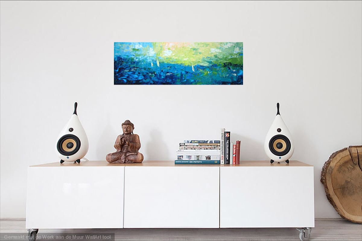 Abstract Landscape Oil Painting By Saroja Van Der Stegen, 17 X 6", Blue Seascape (Ref#:922-W), Original Artwork