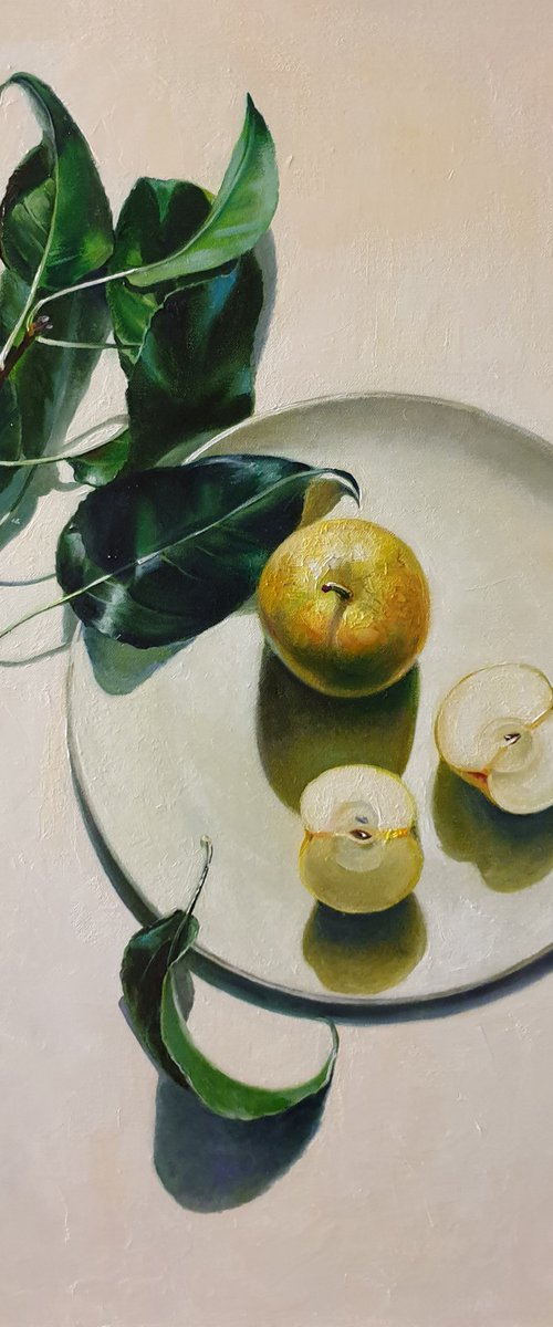 "Still life with an apple. " still life summer liGHt original painting GIFT (2021) by Anna Bessonova (Kotelnik)
