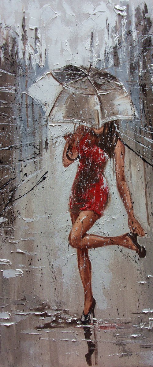 " RAINY ... "  RAIN street spring summer original painting CITY palette knife GIFT by Monika Luniak