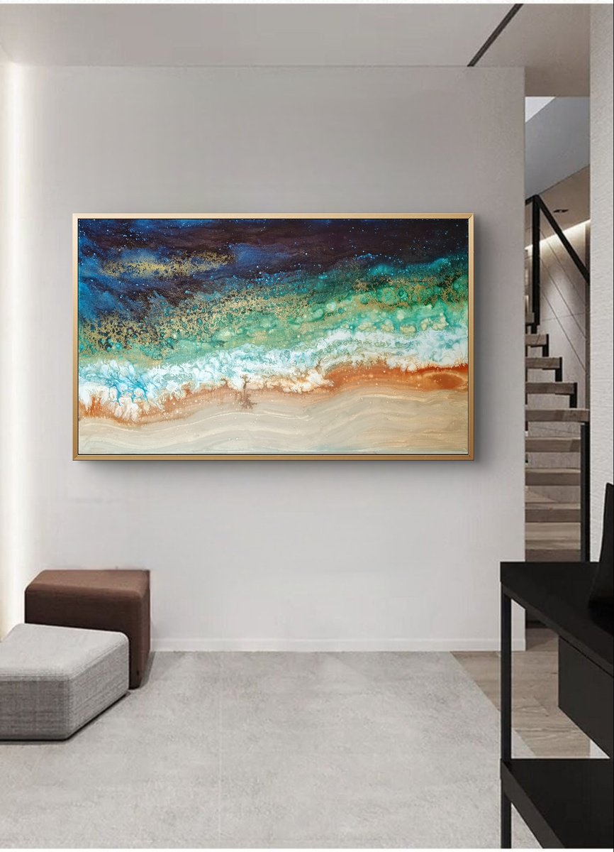 Organic Abstract Acrylic Painting By Eleni Denart, 59 X 35, Ionian Sea, Original Artwork