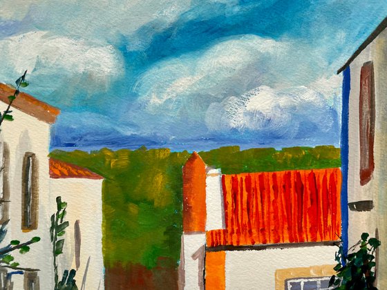 Portugal Original Gouache Painting, Europe Wall Art, Obidos Street Artwork, Travel Gift, Mediterranean Home Decor