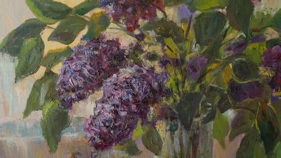 The Bouquet Of Lilacs Near the Light Window - floral still life, oil painting