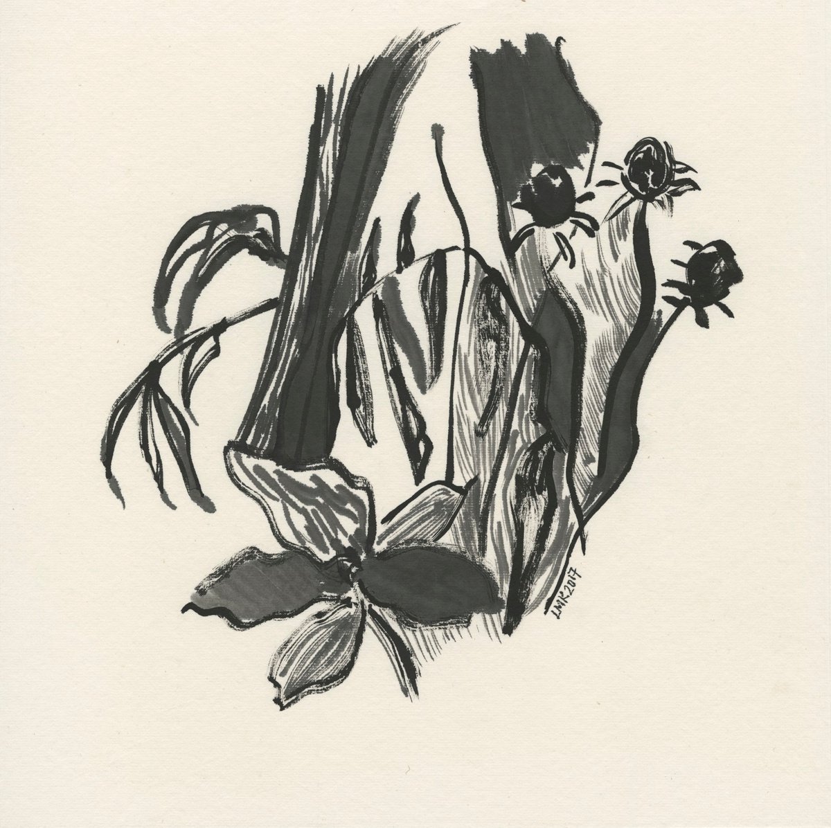 Organic Abstract Ink Drawing By Lee Man Ki Joyce, 14 X 14", A Windy Day, Original Artwork