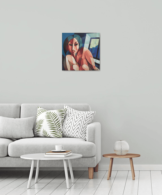 Waiting (50x50cm, cubism, oil painting, ready to hang)
