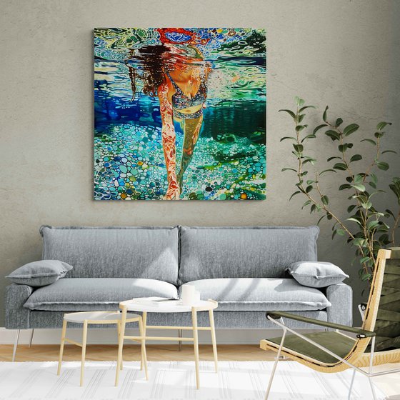 Woman under water in the swimming pool, sea, ocean with blue green turquoise color waves with bright sun glares. Impressionistic artwork. Original painting wall art home decor. Art Gift