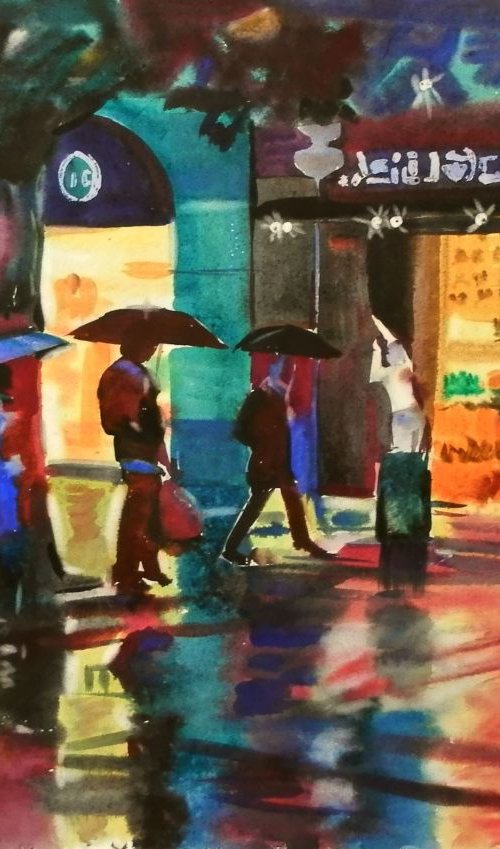 rainy shopping, large watercolor 98x68 cm by Valentina Kachina