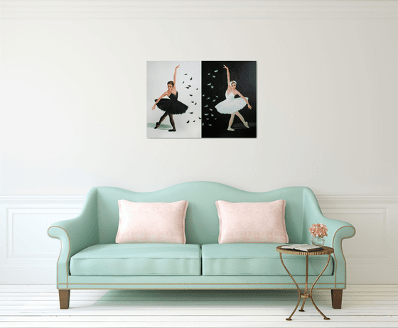 Black and White Swan. Ballet. Diptych /  ORIGINAL PAINTING