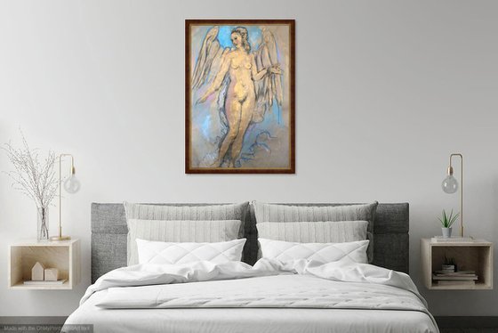 ANGEL - Graphics - Drawing - XL Large Nude Art - original painting drawing angel love gold beautiful female nude Paris architecture - Christmas gift